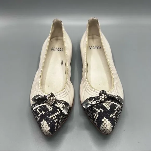 Stuart Weitzman Cream and Black Leather Snakeskin Women's Flats - Picture 2 of 6
